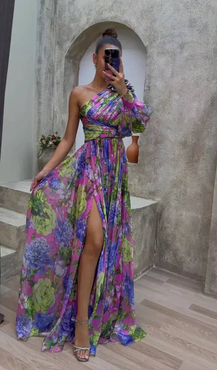 flower maxi split dress Women's One Shoulder Floral with Detail and Waist Seam for Summer Events – By Emily color:Silver Nude sole:Rubber Modern Printed Organza Wedding 100% Polyester Invisible zipper