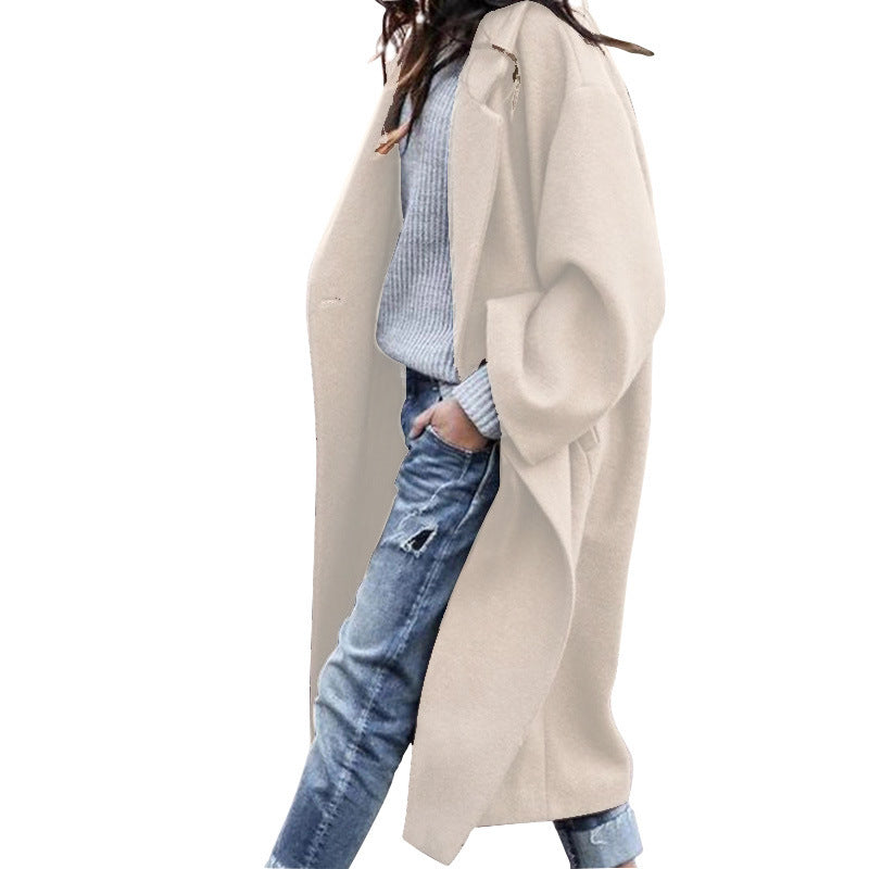 Long Woolen Coat with Pockets, Single-Breasted Lapel Jacket