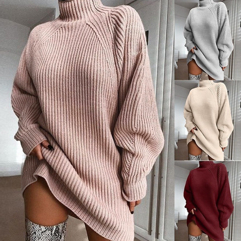 Warm Polo Neck Jumper Dress, Long Solid Colour Winter Knit