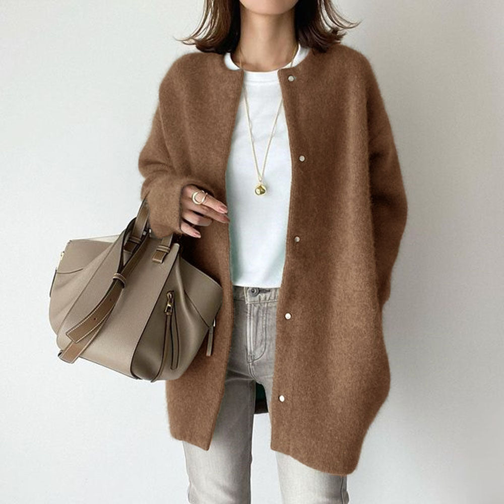 Loose Round Neck Cardigan, Single-Breasted Knit Jacket