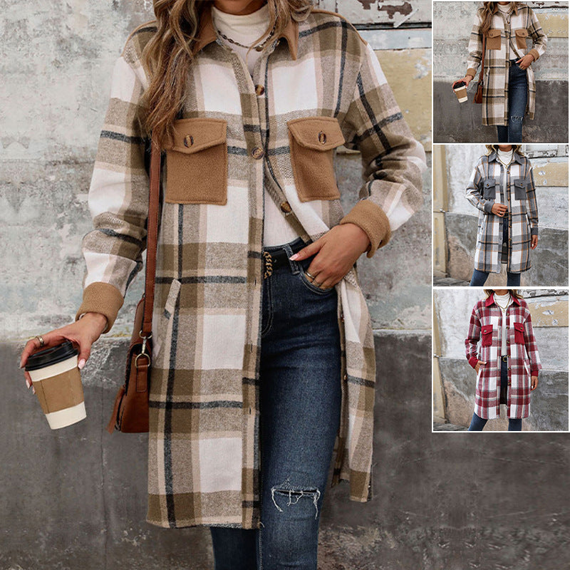 Brushed Check Long Coat with Pockets, Winter Jacket for Women