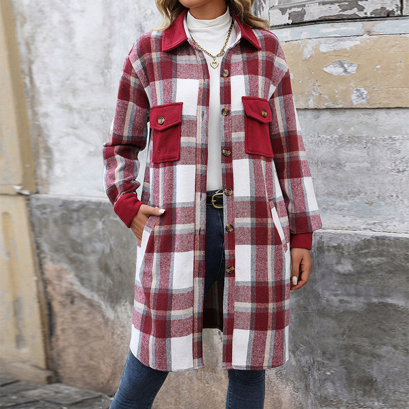 Brushed Check Long Coat with Pockets, Winter Jacket for Women