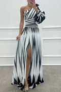 Women's Dress | Striped Maxi One Shoulder Slit
