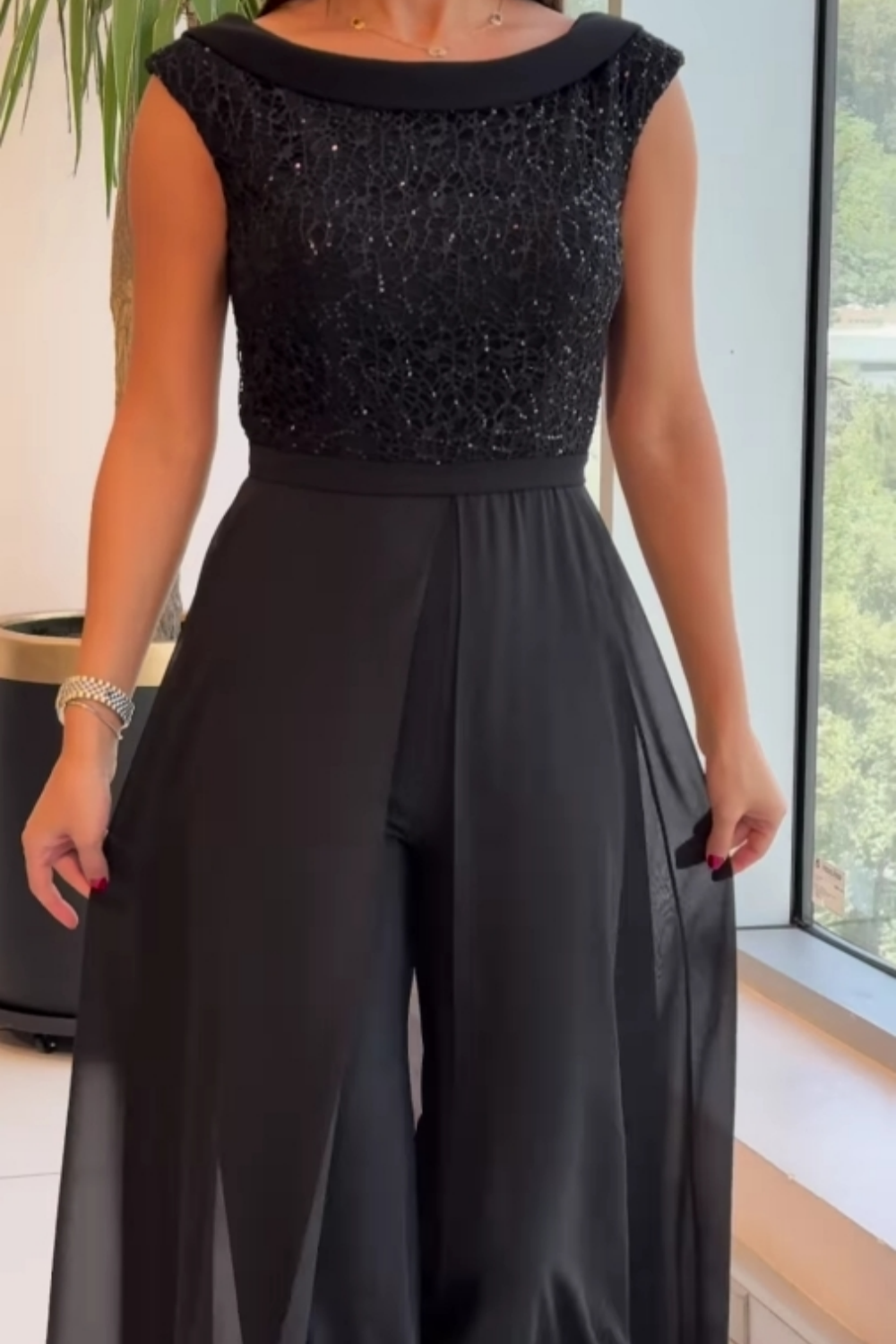 Women’s Jumpsuit | Sleeveless Sequin Bodice Overlay