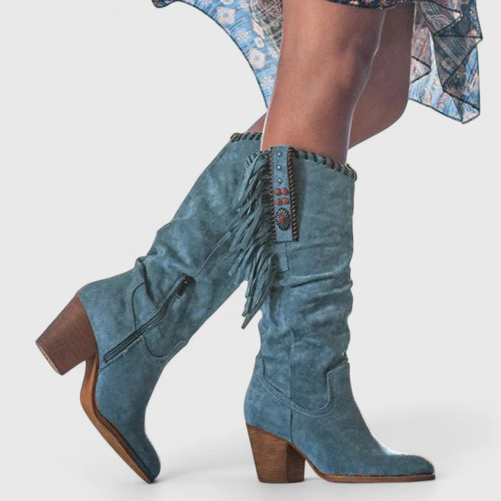 Boots For Women | Mid Calf Block Heel With Fringe Detail
