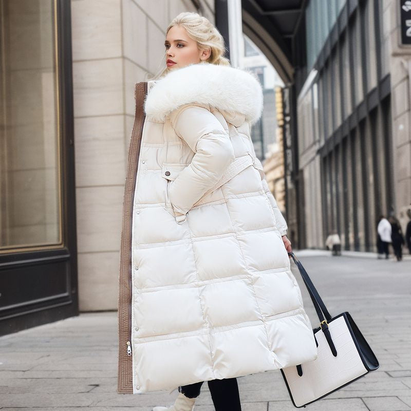Long slim coat with faux fur hood and belt, thick and warm