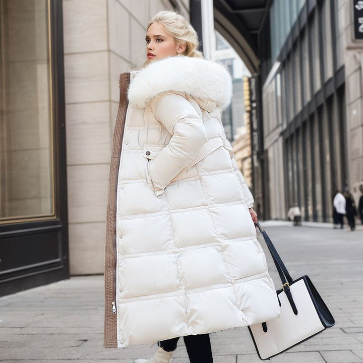 Long slim coat with faux fur hood and belt, thick and warm