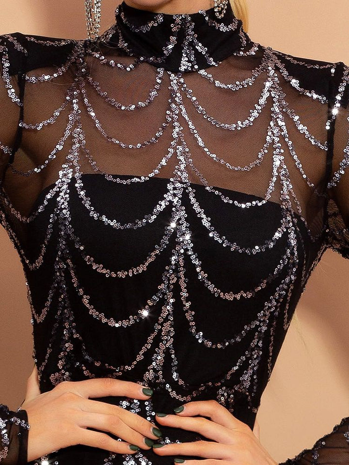 Sequin Long Sleeve Maxi Dress for Women, Party Evening Gown