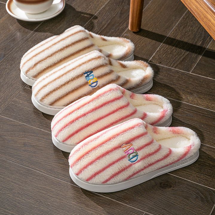 Plush Striped Embroidered Letter Slippers for Couples, Warm