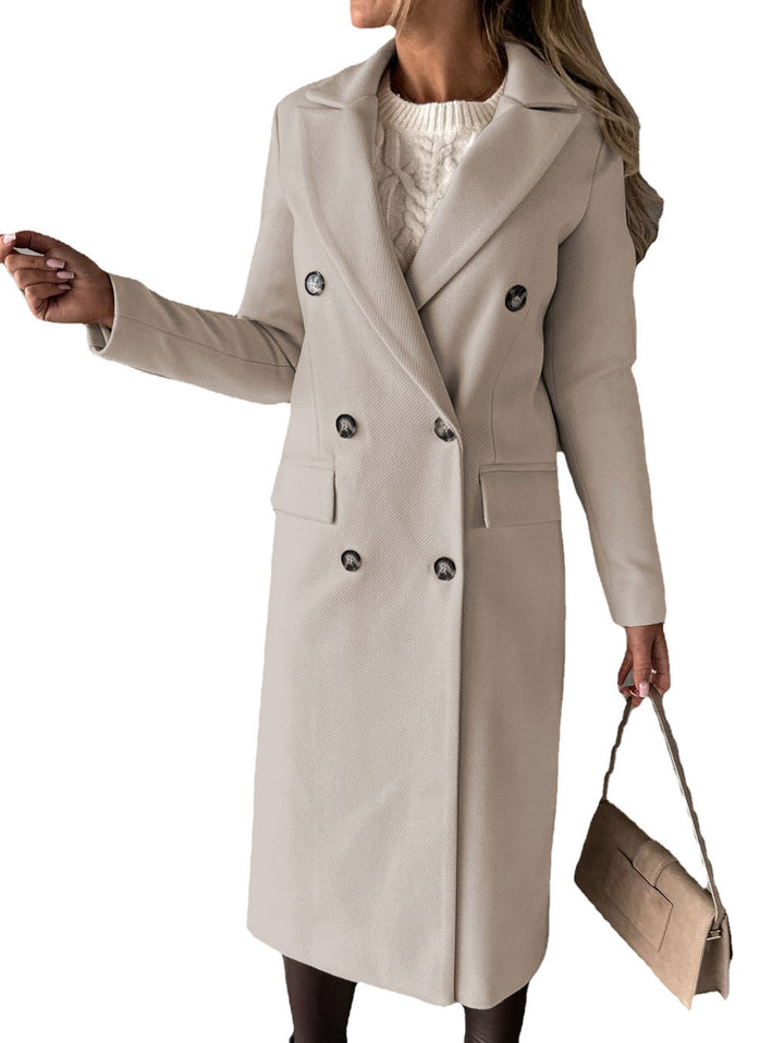 Woman in long double-breasted coat