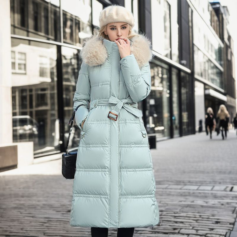 Long slim coat with faux fur hood and belt, thick and warm
