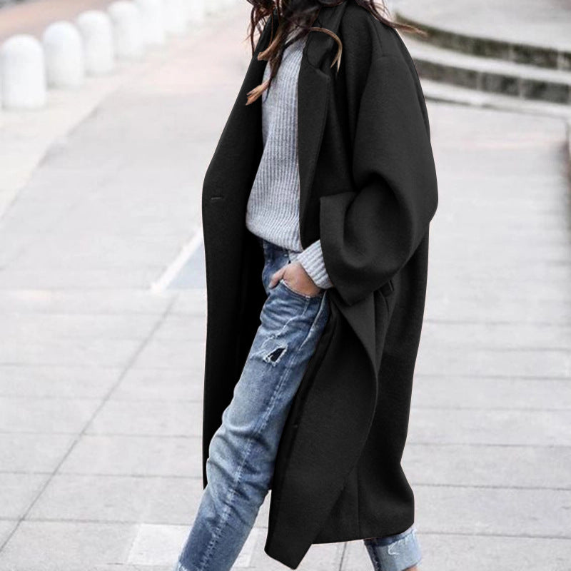 Long Woolen Coat with Pockets, Single-Breasted Lapel Jacket