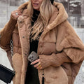 Loose padded hooded coat with faux fur patchwork detail