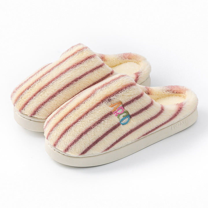 Plush Striped Embroidered Letter Slippers for Couples, Warm