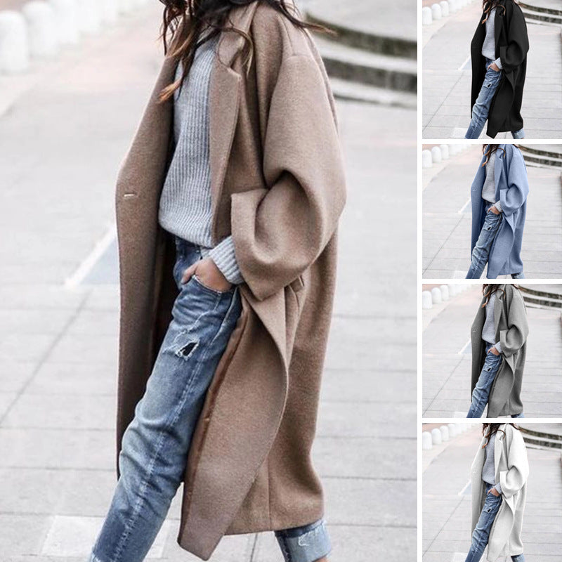 Long Woolen Coat with Pockets, Single-Breasted Lapel Jacket