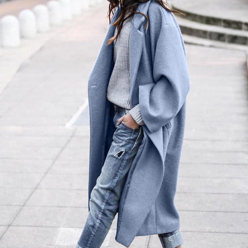Long Woolen Coat with Pockets, Single-Breasted Lapel Jacket