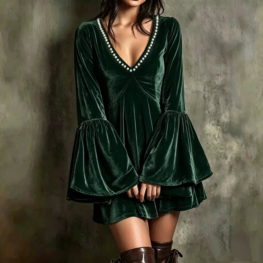 Velvet Dress with Beaded V-Neck and Flared Sleeves