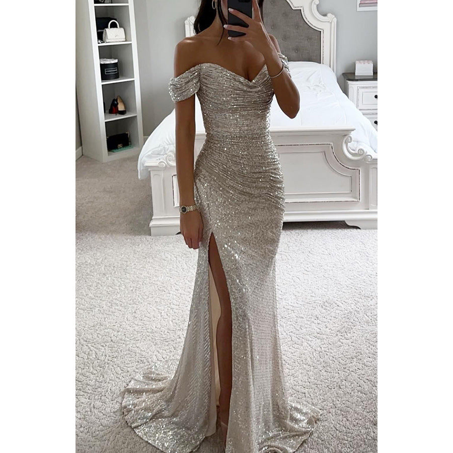 Woman in off-shoulder sequin evening gown