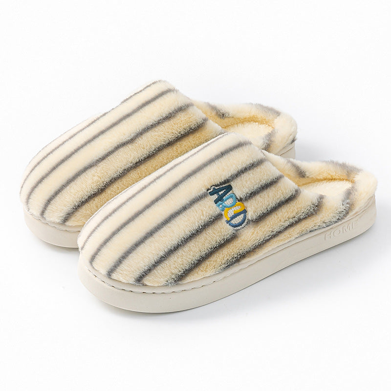 Plush Striped Embroidered Letter Slippers for Couples, Warm