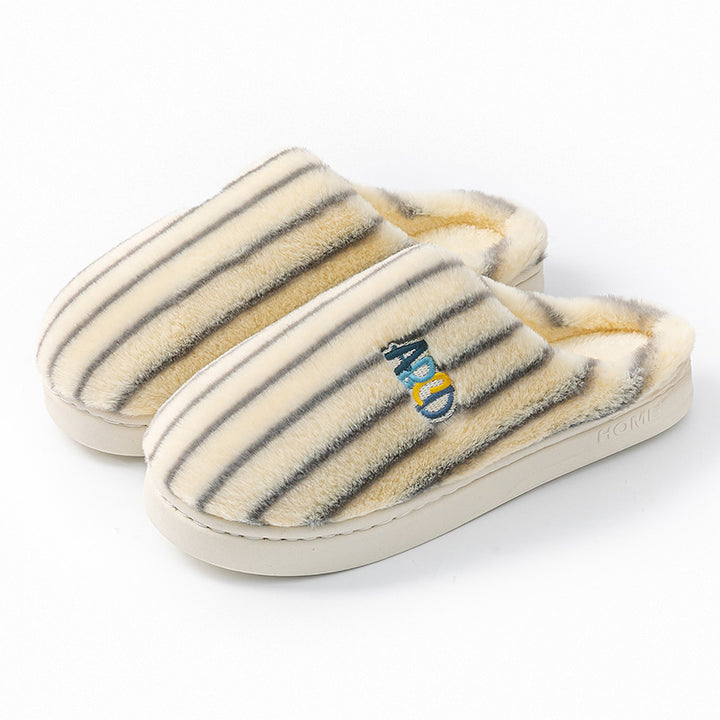 Plush Striped Embroidered Letter Slippers for Couples, Warm