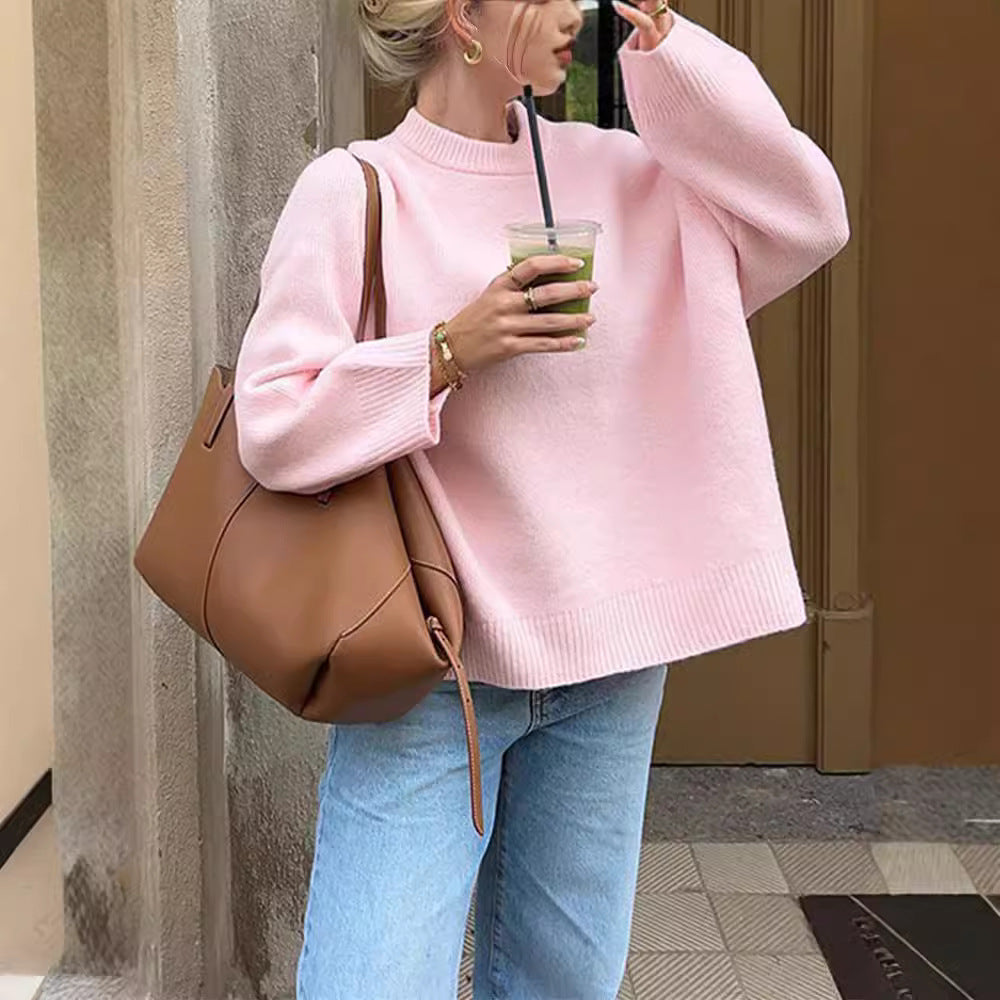 Women's Sweet Crew Neck Knitted Jumper, Loose Long Sleeve