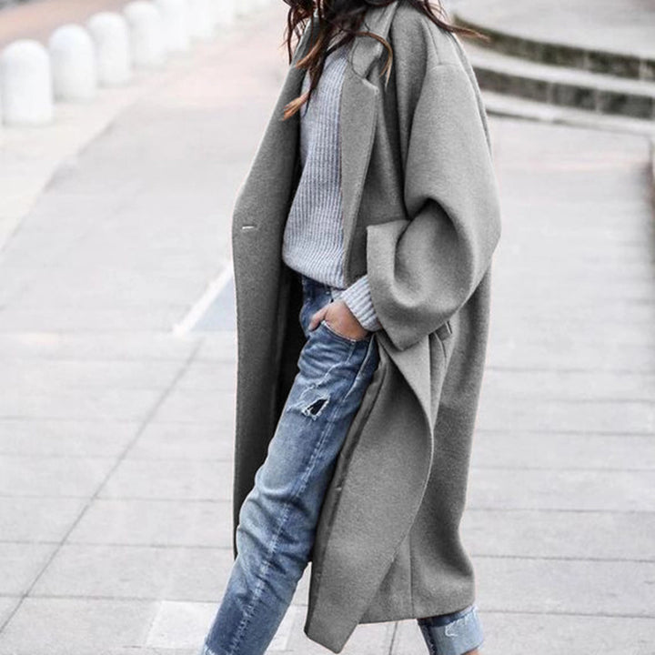 Long Woolen Coat with Pockets, Single-Breasted Lapel Jacket