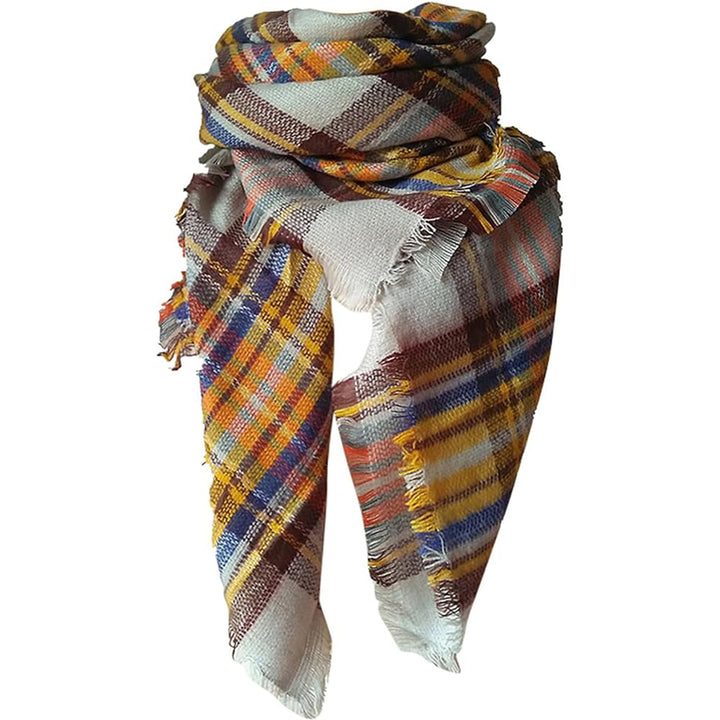 Yellow and Blue Tartan Blanket Scarf, Oversized Tassel Wrap