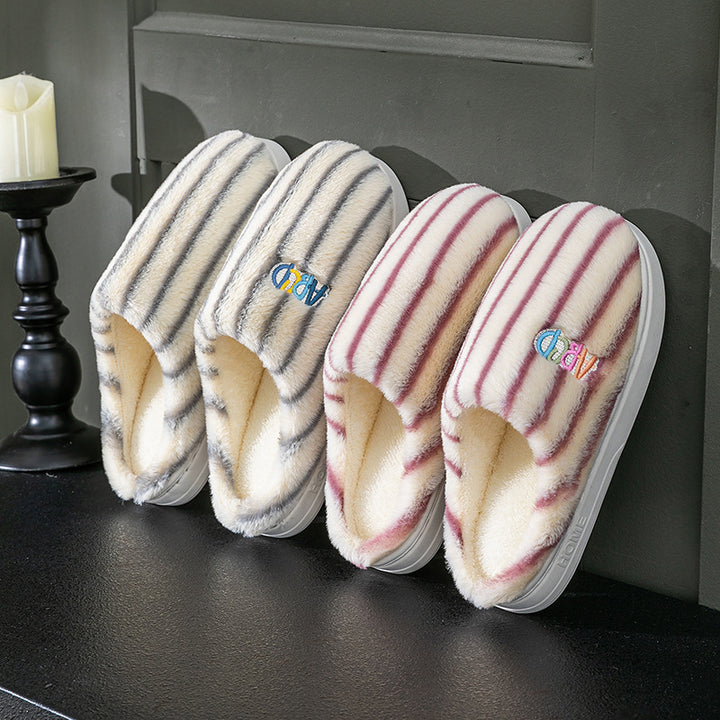 Plush Striped Embroidered Letter Slippers for Couples, Warm