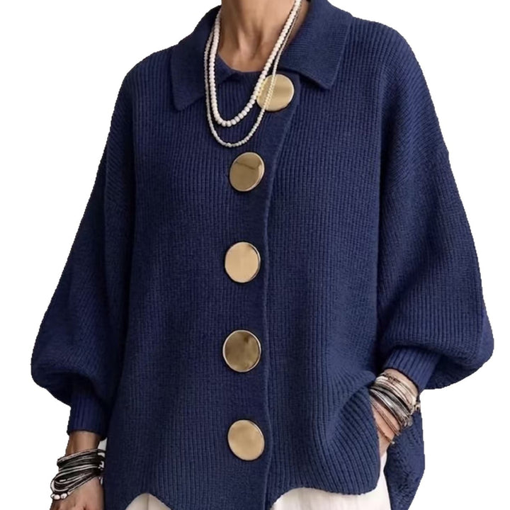 Button-Up Knit Cardigan with Lapel, Loose Fit Long Sleeve