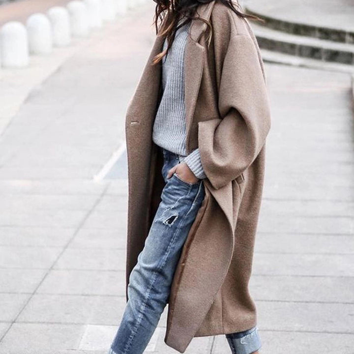 Long Woolen Coat with Pockets, Single-Breasted Lapel Jacket