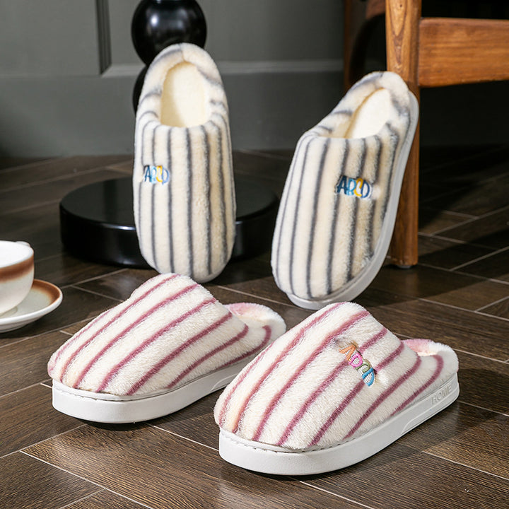 Plush Striped Embroidered Letter Slippers for Couples, Warm