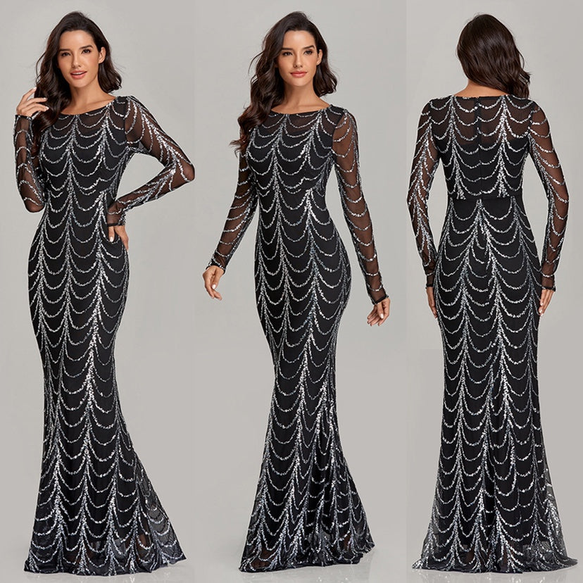Sequin Long Sleeve Maxi Dress for Women, Party Evening Gown
