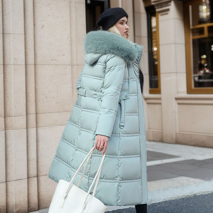 Long slim coat with faux fur hood and belt, thick and warm