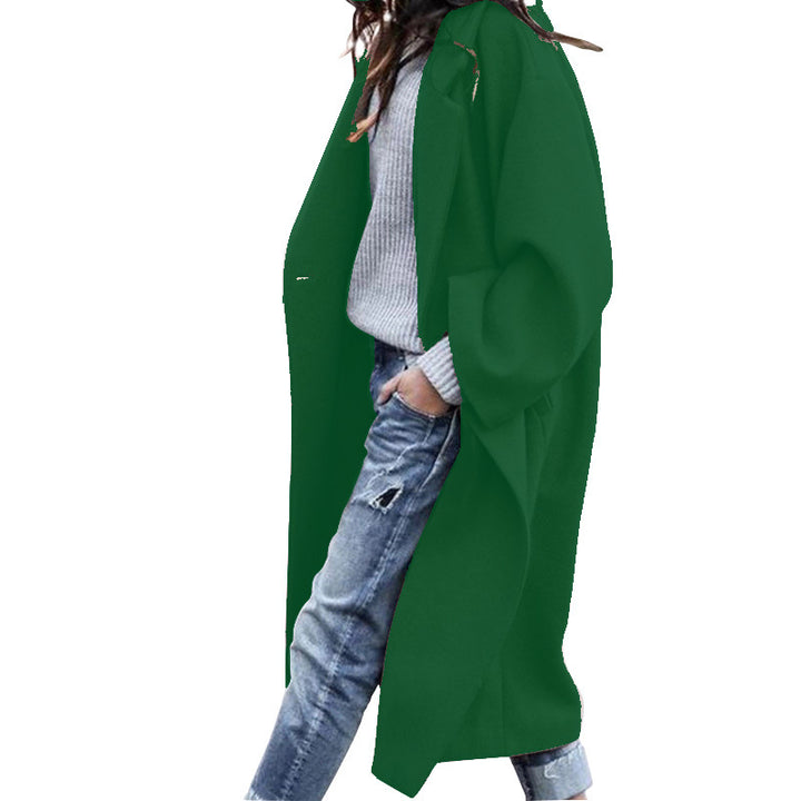 Long Woolen Coat with Pockets, Single-Breasted Lapel Jacket