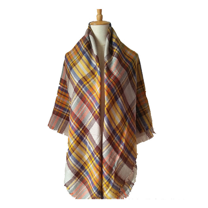 Yellow and Blue Tartan Blanket Scarf, Oversized Tassel Wrap