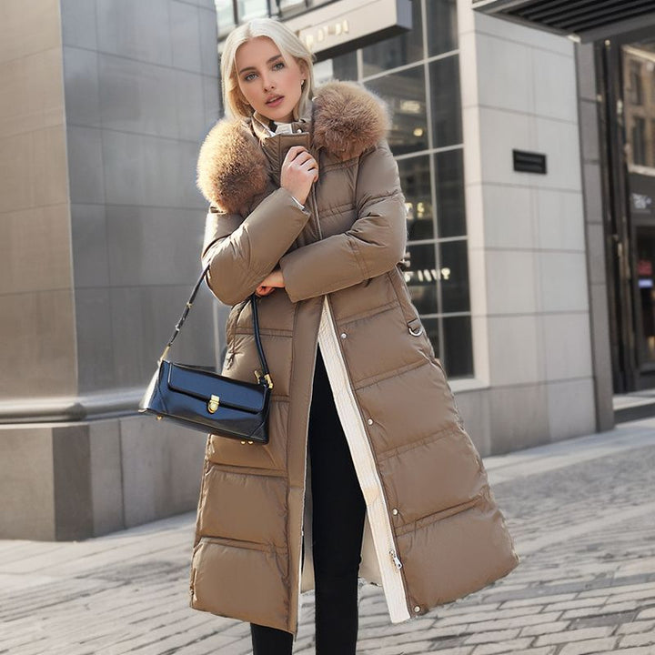 Long slim coat with faux fur hood and belt, thick and warm