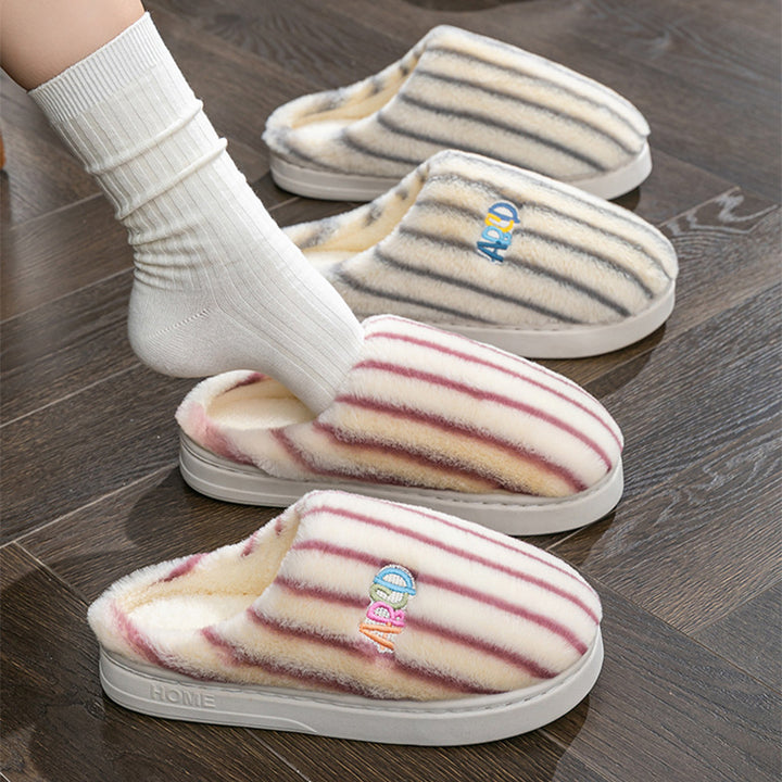 Plush Striped Embroidered Letter Slippers for Couples, Warm