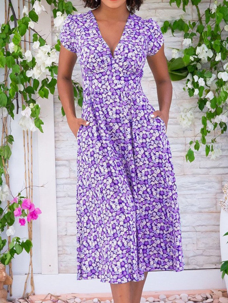 Women’s Dress | Floral V-Neck Midi Short Sleeves
