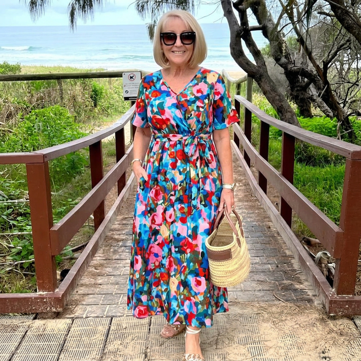 Women’s Boho Print V-Neck Tie-Waist Midi Dress