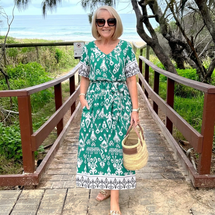 Women’s Boho Print V-Neck Tie-Waist Midi Dress