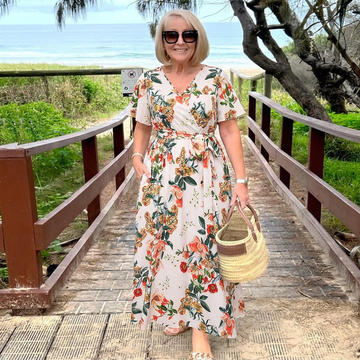 Women’s Boho Print V-Neck Tie-Waist Midi Dress