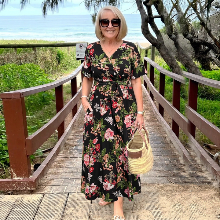 Women’s Boho Print V-Neck Tie-Waist Midi Dress