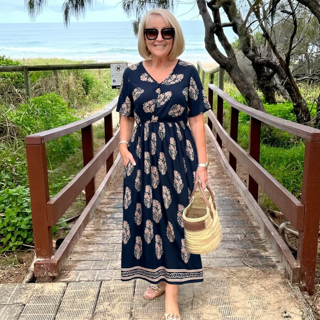 Women’s Boho Print V-Neck Tie-Waist Midi Dress