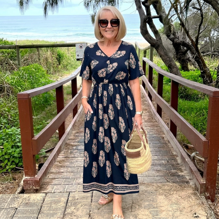 Women’s Boho Print V-Neck Tie-Waist Midi Dress