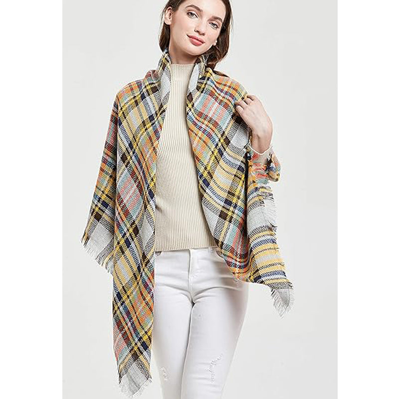 Yellow and Blue Tartan Blanket Scarf, Oversized Tassel Wrap
