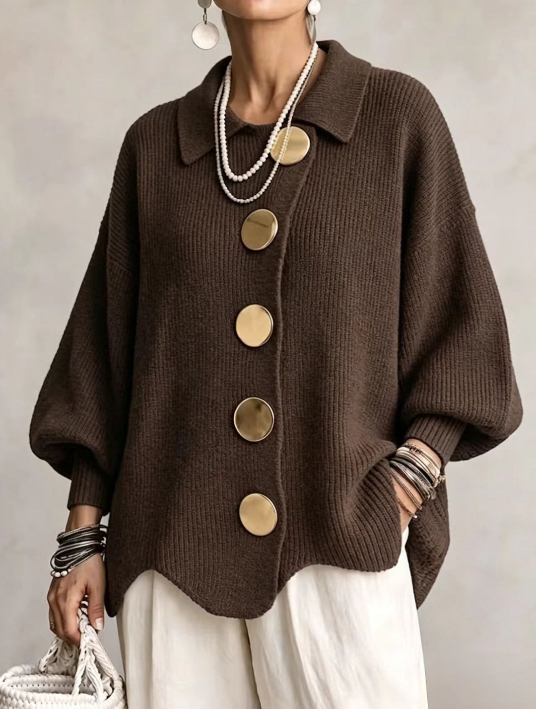 Button-Up Knit Cardigan with Lapel, Loose Fit Long Sleeve