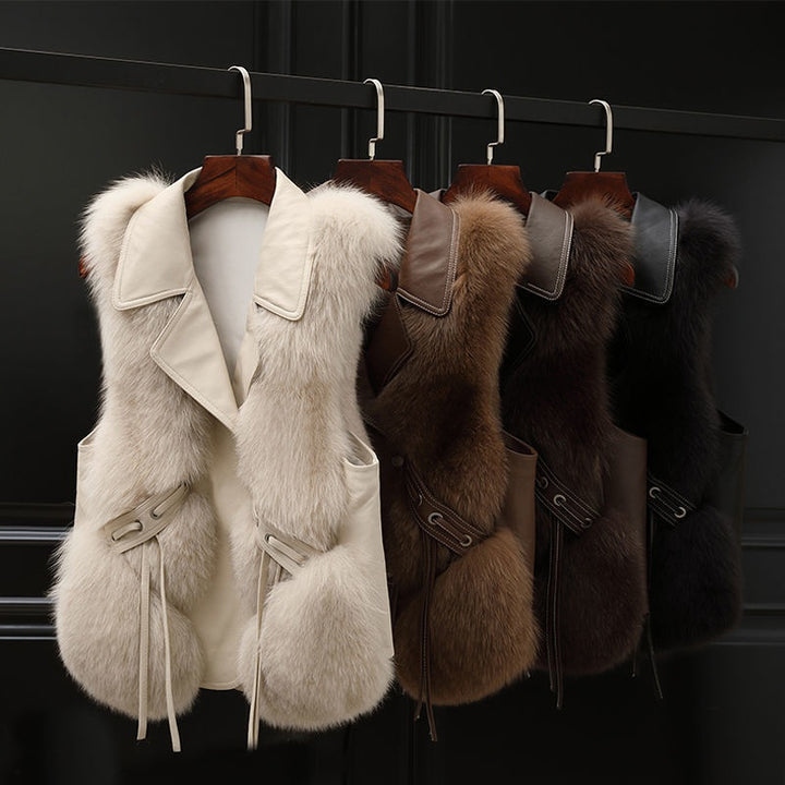 Woman in a short faux fur gilet