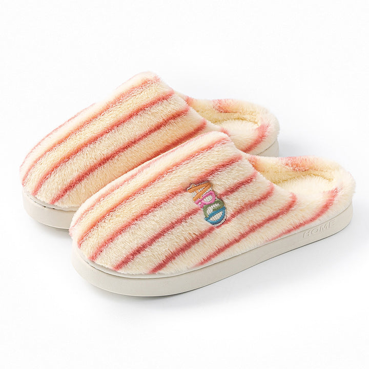 Plush Striped Embroidered Letter Slippers for Couples, Warm