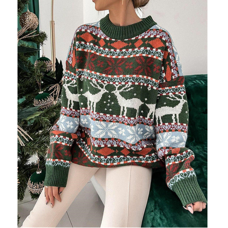 Women's Christmas Jacquard Jumper, Round Neck Loose Long Sleeve