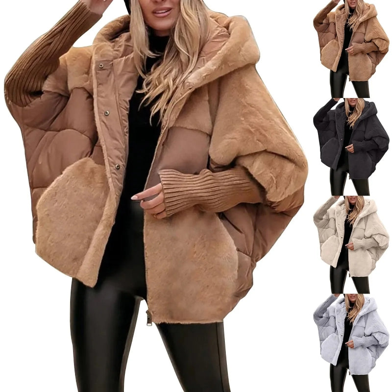 Loose padded hooded coat with faux fur patchwork detail